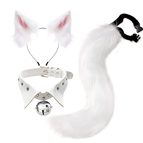 Asudaro Fuchs-Cosplay Haarband mit Glöckchen, Fuchsohren, Stirnband, Fuchs,Kragen Glocke Schwanz, Ohren, Fuchs-Cosplay-Kostüm für Karneval, Halloween, Weihnachtsfeier Kostüm Weiß und Rosa von Asudaro