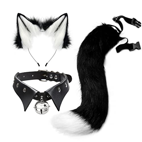 Asudaro Fuchs-Cosplay Haarband mit Glöckchen, Fuchsohren, Stirnband, Fuchs,Kragen Glocke Schwanz, Ohren, Fuchs-Cosplay-Kostüm für Karneval, Halloween, Weihnachtsfeier Kostüm Weiß und Schwarz von Asudaro