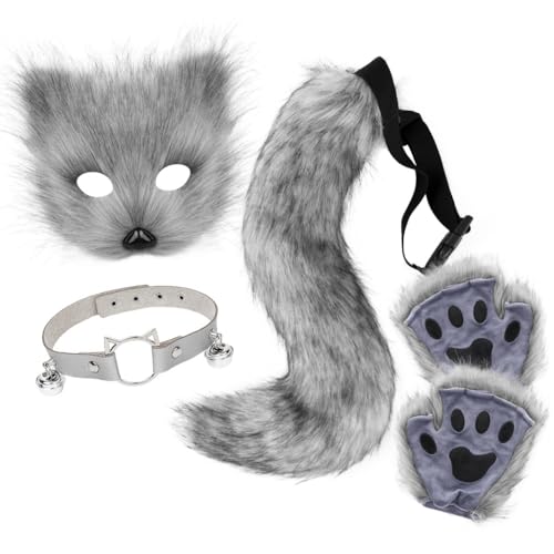 Asudaro Fuchs Maske Cosplay, Furry Schwanz Halloween-Fuchsmaske, Tierklauenhandschuhe, Dunkelgrau von Asudaro