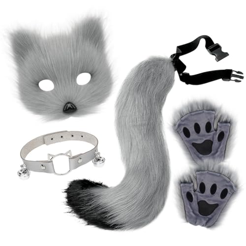 Asudaro Fuchs Maske Cosplay, Furry Schwanz Halloween Fuchsmaske Tierklauenhandschuhe Grau von Asudaro