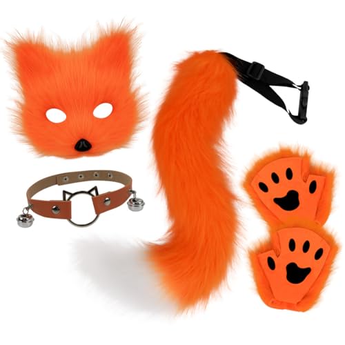 Asudaro Fuchs Maske Cosplay, Furry Schwanz Halloween Fuchsmaske Tierklauenhandschuhe Orange von Asudaro