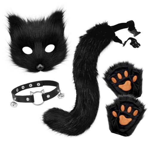 Asudaro Fuchs Maske Cosplay, Furry Schwanz Halloween Fuchsmaske Tierklauenhandschuhe Schwarz von Asudaro