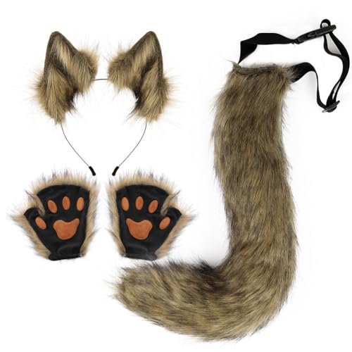 Asudaro Fuchsohren und Schwanz-Set,pelzige Ohren, Stirnband mit Schwanz, Fuchsohren Kopfbedeckung Kostüm Zubehör, Halloween, Cosplay, Party, Fuchs-Kostüme, Mottoparty, Karneval Grasgelb von Asudaro