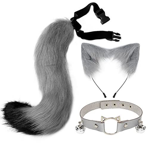 Asudaro Fuchsohren und Schwanz-Set,pelzige Ohren, Stirnband mit Schwanz, Fuchsohren Kopfbedeckung Kostüm Zubehör, Halloween, Cosplay, Party, Fuchs-Kostüme, Mottoparty, Karneval Grau von Asudaro