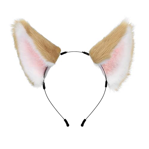 Asudaro Fuchsohren und Schwanz-Set,pelzige Ohren, Stirnband mit Schwanz, Fuchsohren Kopfbedeckung Kostüm Zubehör, Halloween, Cosplay, Party, Fuchs-Kostüme, Mottoparty, Karneval Kamelweiß Ohren von Asudaro