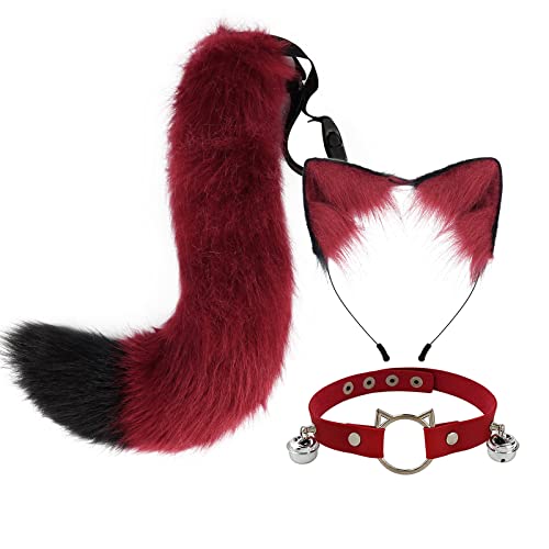 Asudaro Fuchsohren und Schwanz-Set,pelzige Ohren, Stirnband mit Schwanz, Fuchsohren Kopfbedeckung Kostüm Zubehör, Halloween, Cosplay, Party, Fuchs-Kostüme, Mottoparty, Karneval Rot von Asudaro