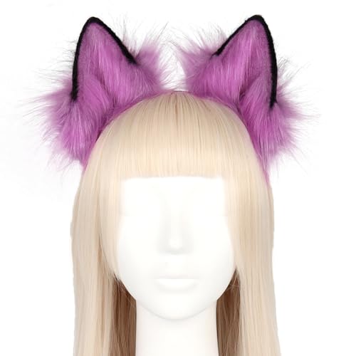 Asudaro Handgefertigtes Wolfohren Halloween Kostüm Zubehör Stirnband Fursuit Kopfbedeckung Cosplay Kostüm Party Zubehör Damen und Kinder Mottoparty, Karneval Lila von Asudaro