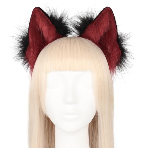 Asudaro Handgefertigtes Wolfohren Halloween Kostüm Zubehör Stirnband Fursuit Kopfbedeckung Cosplay Kostüm Party Zubehör Damen und Kinder Mottoparty, Karneval Schwarz und Rot von Asudaro