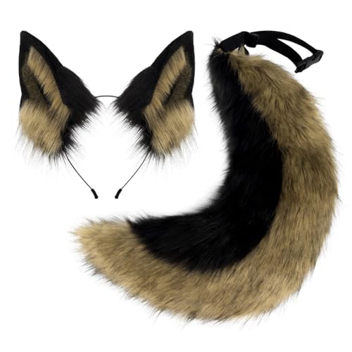 Asudaro Handgefertigtes Wolfohren Halloween Kostüm Zubehör Stirnband Fursuit Kopfbedeckung Cosplay Kostüm Party Zubehör Damen und Kinder Mottoparty, Karneval Schwarz und grau Anzug von Asudaro