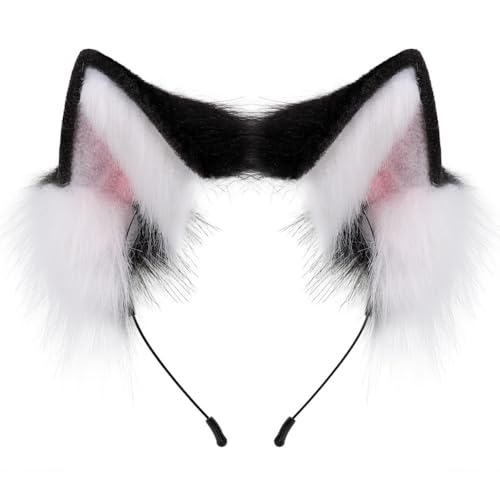 Asudaro Handgefertigtes katzenohren Fuchs Ohren Halloween Kostüm Zubehör Stirnband Fursuit Kopfbedeckung Cosplay Kostüm Party Zubehör Damen und Kinder Mottoparty, Karneval Schwarz und Weiß von Asudaro