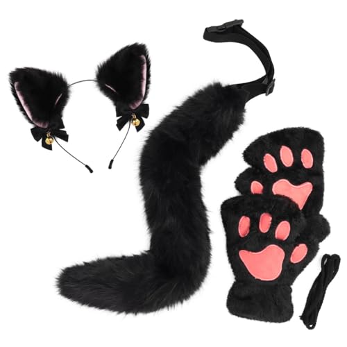 Asudaro Katzen-Cosplay Haarband mit Glöckchen, Katzenohren, Stirnband, Kätzchen, Schwanz, Ohren, Pfoten, Handschuhe, Katzen-Cosplay-Kostüm für Karneval, Halloween, Weihnachtsfeier Kostüm Schwarz von Asudaro