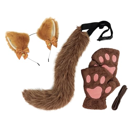 Asudaro Katzen-Cosplay Haarband mit Glöckchen, Katzenohren, Stirnband, Kätzchen, Schwanz, Ohren, Pfoten, Handschuhe, Katzen-Cosplay-Kostüm für Karneval, Halloween, Weihnachtsfeier Kostüm braun von Asudaro