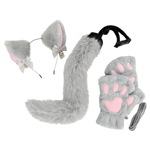 Asudaro Katzen-Cosplay Haarband mit Glöckchen, Katzenohren, Stirnband, Kätzchen, Schwanz, Ohren, Pfoten, Handschuhe, Katzen-Cosplay-Kostüm für Karneval, Halloween, Weihnachtsfeier Kostüm grau von Asudaro