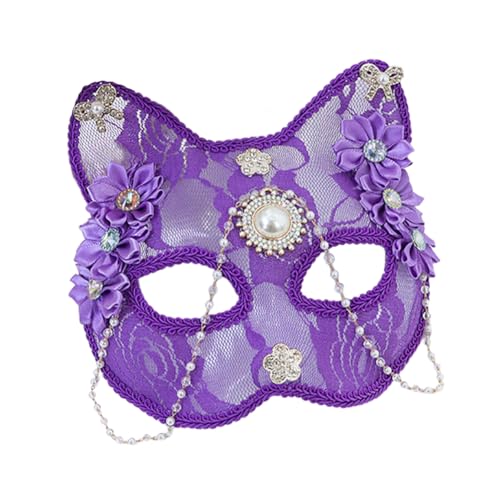 Asudaro Katzenmaske aus Spitze mit Perlenquaste, Katze mit Strasssteinen, Tier-Gesichtsbedeckung für Damen, Weihnachten, Maskerade, Cosplay, Party, Kostüm, Requisite von Asudaro