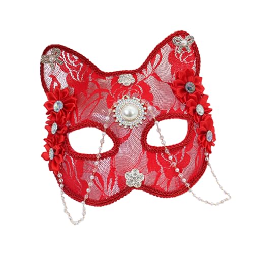 Asudaro Katzenmaske aus Spitze mit Perlenquaste, Katze mit Strasssteinen, Tier-Gesichtsbedeckung für Damen, Weihnachten, Maskerade, Cosplay, Party, Kostüm, Requisite von Asudaro