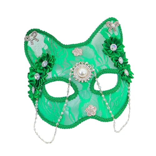 Asudaro Katzenmaske aus Spitze mit Perlenquaste, Katze mit Strasssteinen, Tier-Gesichtsbedeckung für Damen, Weihnachten, Maskerade, Cosplay, Party, Kostüm, Requisite von Asudaro