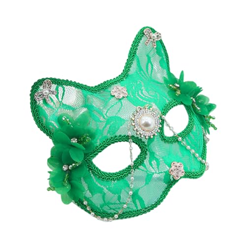 Asudaro Katzenmaske aus Spitze mit Perlenquaste, Katze mit Strasssteinen, Tier-Gesichtsbedeckung für Damen, Weihnachten, Maskerade, Cosplay, Party, Kostüm, Requisite von Asudaro