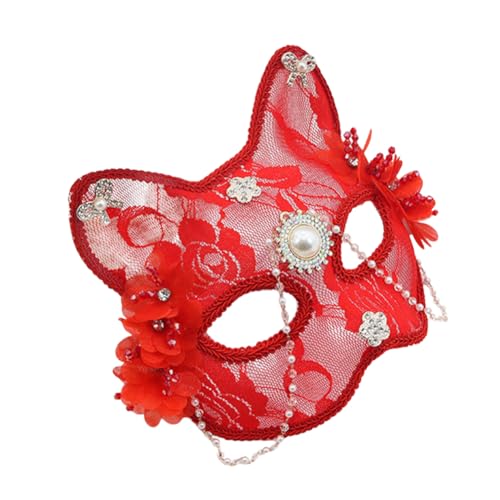 Asudaro Katzenmaske aus Spitze mit Perlenquaste, Katze mit Strasssteinen, Tier-Gesichtsbedeckung für Damen, Weihnachten, Maskerade, Cosplay, Party, Kostüm, Requisite von Asudaro