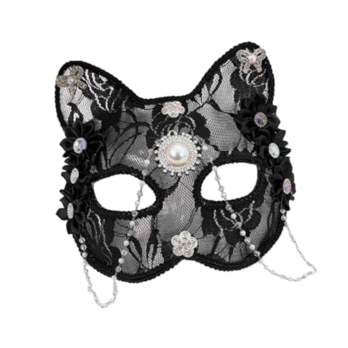 Asudaro Katzenmaske aus Spitze mit Perlenquaste, Katze mit Strasssteinen, Tier-Gesichtsbedeckung für Damen, Weihnachten, Maskerade, Cosplay, Party, Kostüm, Requisite von Asudaro