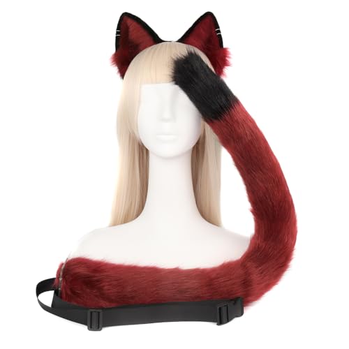 Asudaro Katzenohren Haarreif,Anime Katze Cosplay,Katze Ohr Stirnband Haarband mit Katzen Haarreif Katzeohren Anime Katze Cosplay für Kinder Erwachsene Halloween Cosplay Rötlichschwarz von Asudaro