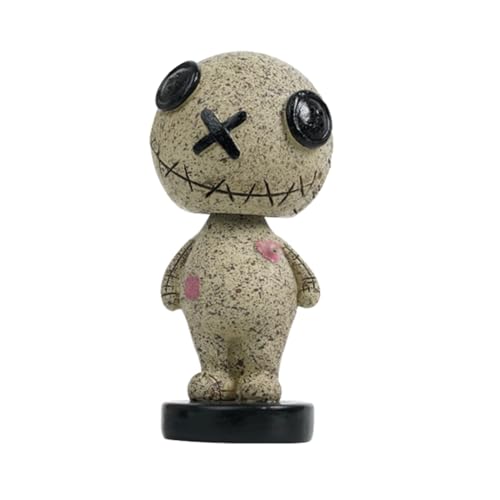 Asudaro Kopfschüttelndes Auto-Ornament Federschüttelnde Voodoo-Puppe mit Sockel Horror-Voodoo-Puppen Fluchpuppe Kunstharz-Ornamente Auto-Armaturenbrett-Dekoration für Halloween Heimdekor-Ornament von Asudaro