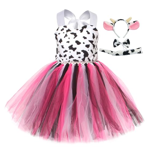 Asudaro Kuh Kinderkostüm,Mädchen Gefleckte Tutu Rock,Tierkostüm für Karneval Fasching Cosplay Mottoparty,für Mädchen,Cosplay mit Kuh Hörner Ohren und Haarreif Fliege schwarz und weiß lila(L) von Asudaro