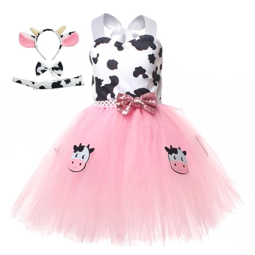 Asudaro Kuh Kinderkostüm,Mädchen Gefleckte Tutu Rock,Tierkostüm für Karneval Fasching Cosplay Mottoparty,für Mädchen,Cosplay mit Kuh Hörner Ohren und Haarreif Fliege schwarz und weiß rosa(M) von Asudaro