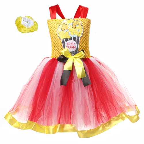 Asudaro Mädchen Costume Tüll Kleid,Popcorn Prinzessin Kostüm Kleid,Mädchen Cosplay Karneval Verkleidung Prinzessin Kleid,Kleid Halloween Karnival Cosplay Partykleid für Mädchen mit Kopfblume(XL) von Asudaro