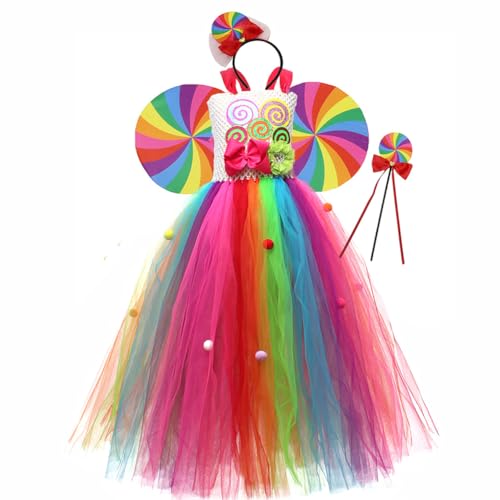 Asudaro Mädchen Costume Tüll Kleid,Regenbogen Bonbons Prinzessin Kostüm Kleid,Mädchen Cosplay Karneval Verkleidung Party Prinzessin Kleid,Cosplay für Mädchen Mit Flügeln, Kopfschmuck und Stock(M) von Asudaro