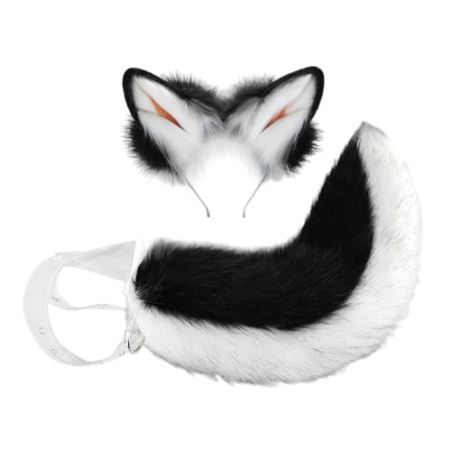 Asudaro Ohren Stirnband Haarreifen Faux Katze Hund Wolf Groß Schwanz und Ohren Haarband 2 PCS Cosplay Kostüm Fox Tail Erwachsenen Party Tierkostüm Handgefertigtes katzenohren von Asudaro