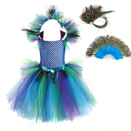 Asudaro Pfauenkleid für Mädchen,Pfauenprinzessin Kleid Mädchen,Catwalk Performance Kleid,Kostüm und Tierkostüme für Kinder,Mädchen Ärmellos Kleid für Karneva Weihnachten Maskerade(XXL) von Asudaro