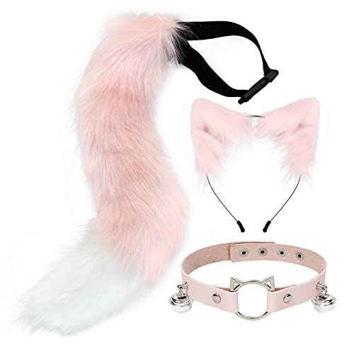 Asudaro Weihnachten Fuchsohren und Schwanz-Set,pelzige Ohren, Stirnband mit Schwanz, Fuchsohren Kopfbedeckung Kostüm Zubehör, Halloween, Cosplay, Party, Fuchs-Kostüme, Mottoparty, Karneval Rosa von Asudaro