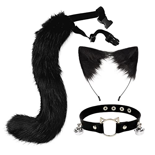 Asudaro Weihnachten Fuchsohren und Schwanz-Set,pelzige Ohren, Stirnband mit Schwanz, Fuchsohren Kopfbedeckung Kostüm Zubehör, Halloween, Cosplay, Party, Fuchs-Kostüme, Mottoparty, Karneval Schwarz von Asudaro