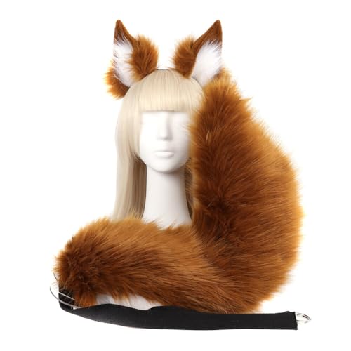 Asudaro Wolf Katze Cosplay Kostüm Set, Halloween Tier Haarspange Set Plüschschwanz Stirnband Katzenohren Füchse Kunstfell Fuchsschwanz Kostüm Tierkostüm Zubehör Dunkelbraun von Asudaro