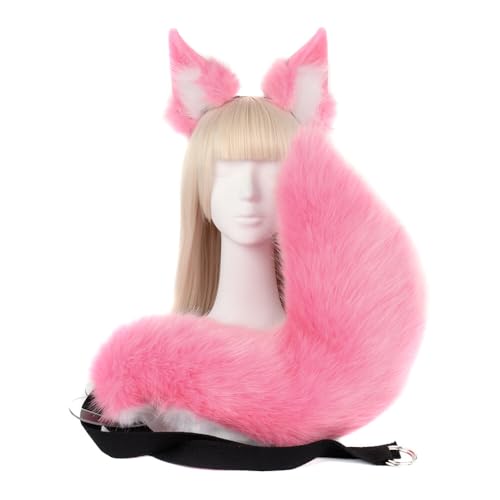 Asudaro Wolf Katze Cosplay Kostüm Set, Halloween Tier Haarspange Set Plüschschwanz Stirnband Katzenohren Füchse Kunstfell Fuchsschwanz Kostüm Tierkostüm Zubehör Rosa von Asudaro