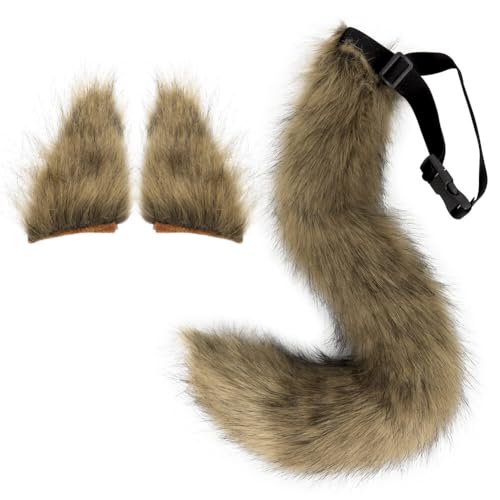 Asudaro Wolf Katze Fuchs Schwanz Ohren Stirnband Set, Damen Wolf Kostüm Faux Fuchs Pelz Ohren Haarband Tier langen Pelzschwanz Ohren Stirnband Halloween Weihnachten Rollenspiel Blassgelb von Asudaro