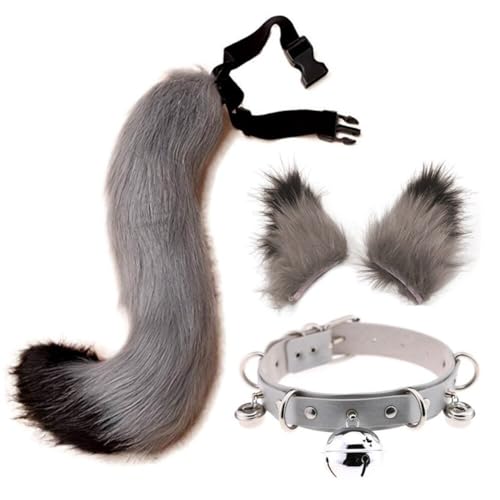 Asudaro Wolf Kostüm Set, Flauschige Plüsch Tier Ohr Schwanz Wolf Katze Cosplay Party Kostüm Pelzigen Tier Schwanz Hals Kragen große Kunstpelz Ohren Haarspange für Kinder Mädchen Frauen Ascheschwarz von Asudaro