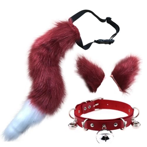 Asudaro Wolf Kostüm Set, Flauschige Plüsch Tier Ohr Schwanz Wolf Katze Cosplay Party Kostüm Pelzigen Tier Schwanz Hals Kragen große Kunstpelz Ohren Haarspange für Kinder Mädchen Frauen Rot von Asudaro