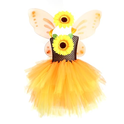 Asudaro Yellow Sonnenblumen Tutu Für Mädchen,Mädchen Sonnenblumen Verkleiden,Cosplay Mädchen,Outfit Tutu,Tutu Yellow,Mädchen Outfit Kurzarm Body Tutu Bekleidungsset Mit Flügeln und Haarnadeln(XL) von Asudaro