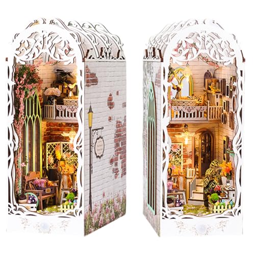 Book Nook Kit,DIY Miniatur Puppenhaus Kit 3D Holzpuzzle Buchecke Bücherregal Dekoration Geschenk Bücherecke Bibliothek Häuser Modellbausätze für Jugendliche und Erwachsene(Blumenhaus+Kleber) von Asudaro