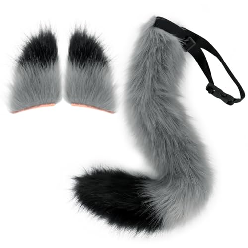 Faschingskostüm,Cosplay Set und Schwanzset -Kostüm-Set Ohren, Stirnband und Schwanzkragen, Pfoten, Halsband, Cosplay-Halloween-Kostüm für Halloween Fasching Karneval Party Aschschwarz von Asudaro