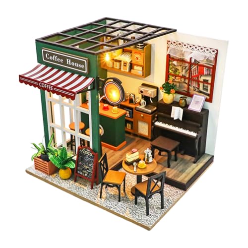 Miniatur Puppenhaus DIY Kit,Coffeeshop Rollenspiel Spielzeug Puppenhaus Zimmer Modell,Bausatz für EIN hölzernes Café,Miniaturhaus mit Möbeln und Zubehör,Modellbausatz für Erwachsene und Kinder von Asudaro