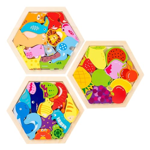 Würfelpuzzle 3D Holz,Bunte Holzkreatur-Puzzleblöcke, 3D Lernspielzeug zum Bauen,Montessori Lernendes Spielzeug, Holzpuzzle-Spielzeug Kinderpuzzle zum frühen Lernen kognitives,Tiere + Ozean + Früchte von Asudaro