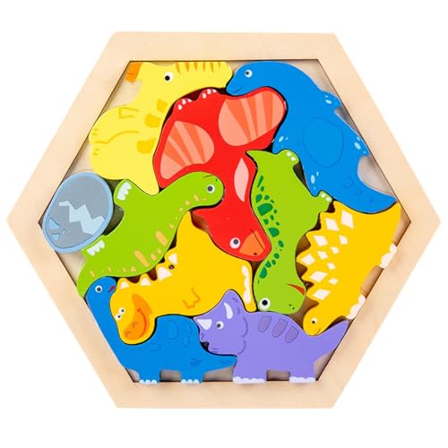 Asudaro Würfelpuzzle 3D Holz,Bunte Holzkreatur-Puzzleblöcke, 3D Lernspielzeug zum Bauen,Montessori Lernendes Spielzeug, Holzpuzzle-Spielzeug Kinderpuzzle zum frühen Lernen kognitivesDinosaurier Serie von Asudaro