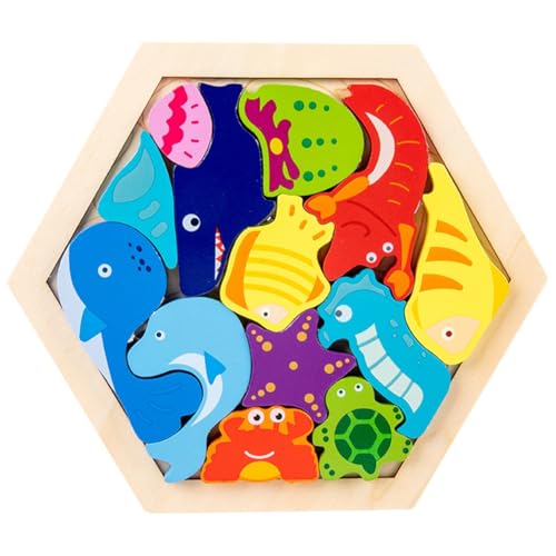 Würfelpuzzle 3D Holz,Bunte Holzkreatur-Puzzleblöcke, 3D Lernspielzeug zum Bauen,Montessori Lernendes Spielzeug, Holzpuzzle-Spielzeug Kinderpuzzle zum frühen Lernen kognitivesOzean Serie von Asudaro