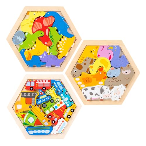 Würfelpuzzle 3D Holz,Bunte Holzkreatur-Puzzleblöcke, 3D Lernspielzeug zum Bauen,Montessori Lernendes Spielzeug, Holzpuzzle-Spielzeug Kinderpuzzle zum kognitives,Bauernhof+Transport+Dinosaurier Serie von Asudaro