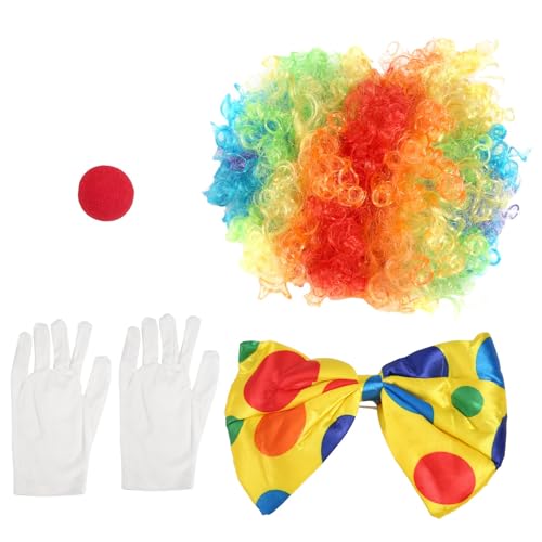 Asuinxurr Clown KostüM Clown PerüCke Clown Nase ZubehöR Fliege WeißE Handschuhe für Damen Herren Erwachsene Karnevalsparty von Asuinxurr