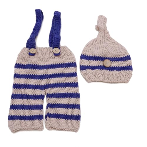 Asukohu Neugeborenen Fotografie Anzug Gestreifter Overall Strickmütze Set Blaue Streifen Kostüm Requisiten Kleidung Baby Souvenirs von Asukohu