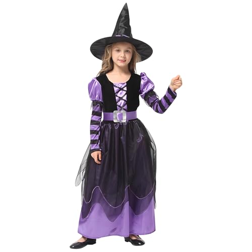 AsyinXson Halloween Kostüm Mädchen, Hexenkostüm mit Hut Witch Verkleidung Kleid Kinder Outfits Deko für Karneval Halloween Cosplay Mottoparty Dance Dress Up Party, Lila 100cm von AsyinXson