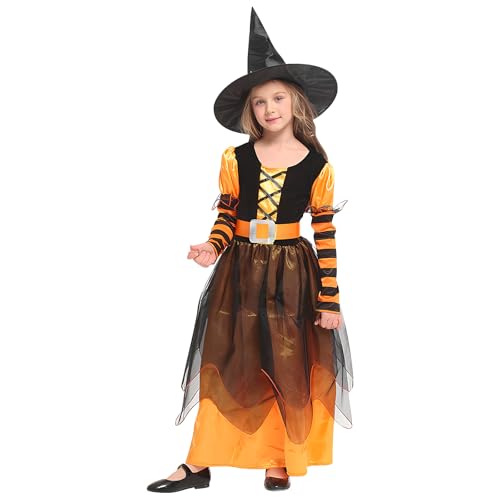 AsyinXson Halloween Kostüm Mädchen, Hexenkostüm mit Hut Witch Verkleidung Kleid Kinder Outfits Deko für Karneval Halloween Cosplay Mottoparty Dance Dress Up Party, Orange 100cm von AsyinXson